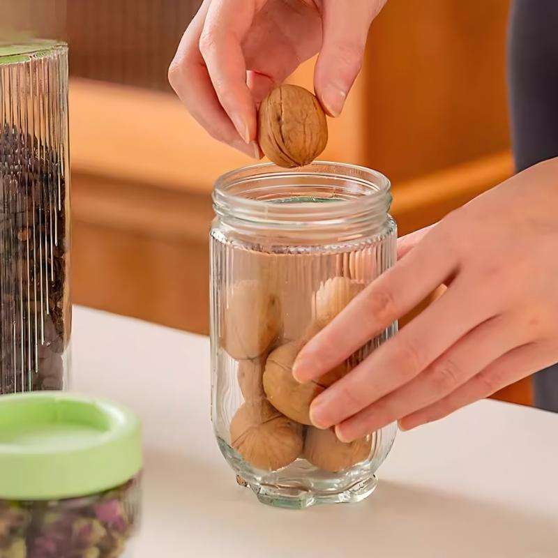 Cat paw patterned glass storage jar with Vertical texture, stackable design, creative kitchen container for snacks and nuts (5)