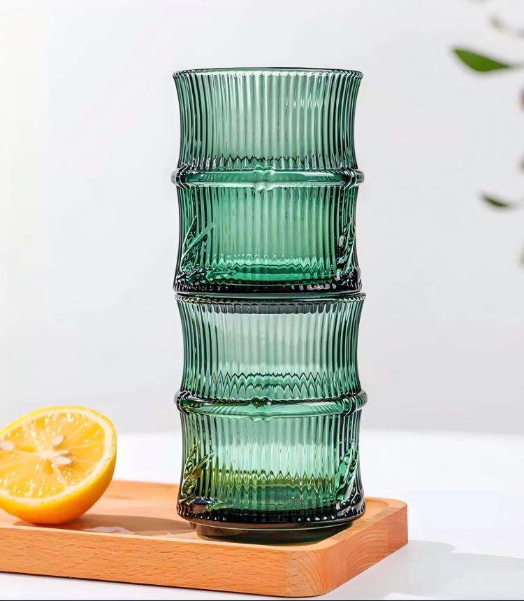 Dark Green Bamboo Pattern Cup Set with bamboo leaf relief, stackable for easy storage (4)
