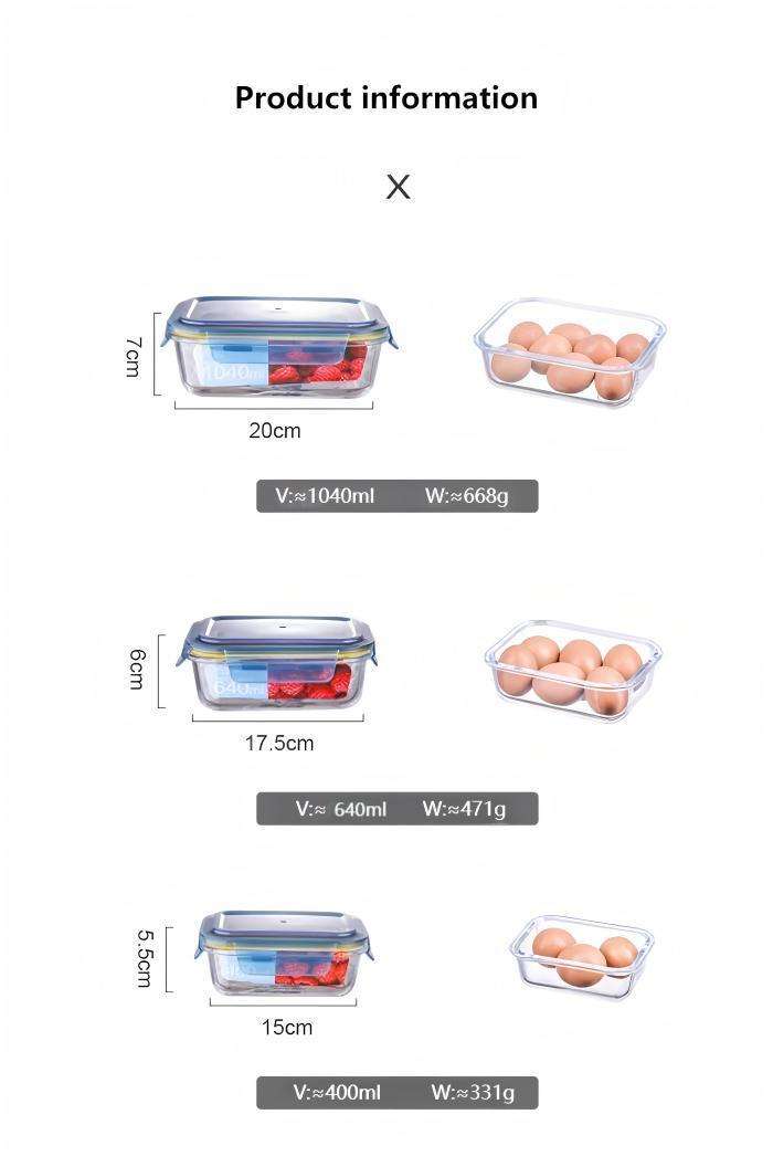 Rectangular high borosilicate glass food storage containers, 3 sizes available (8)