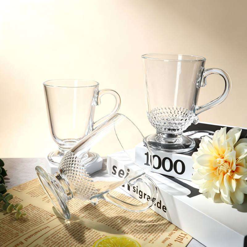 Ear Handle Footed Soda-Lime Glass cup, 3 Pattern Designs Available (7)