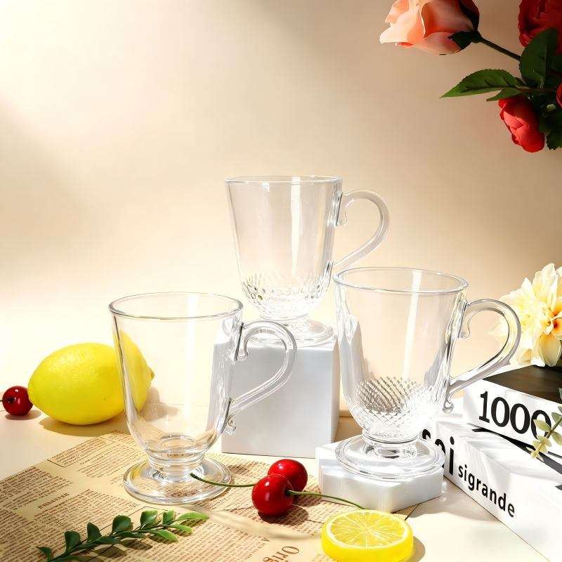 Ear Handle Footed Soda-Lime Glass cup, 3 Pattern Designs Available (9)