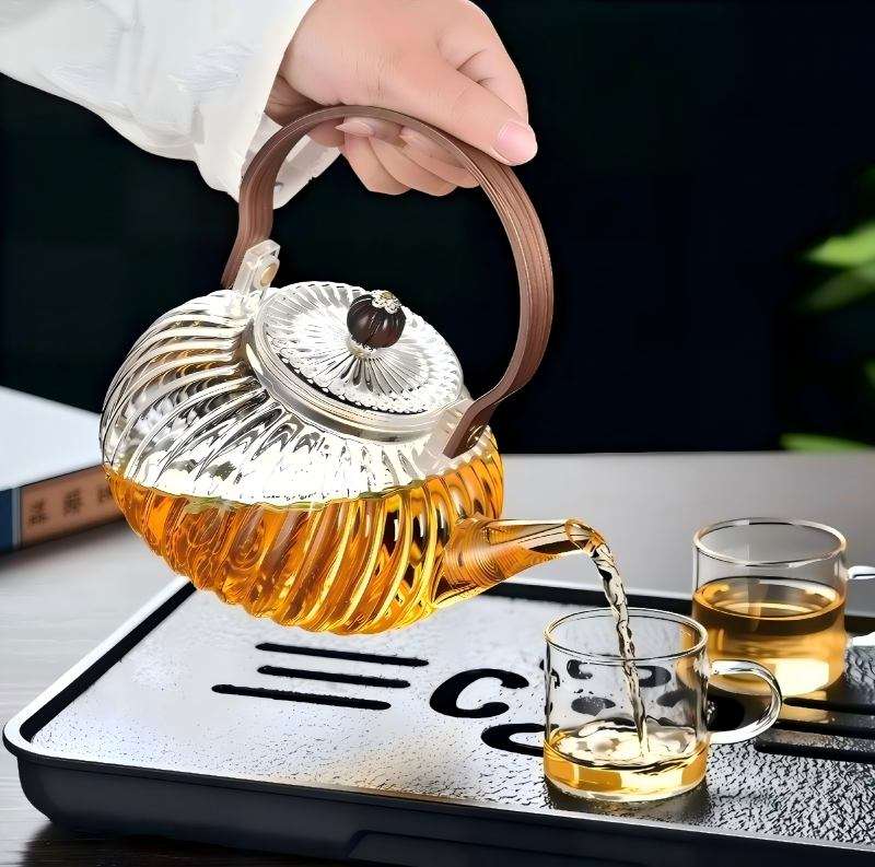 High Borosilicate Glass Teapot with Wooden Heatproof Handle, Glass&Stainless Steel Inner Infuser, Open Flame Compatible (2)