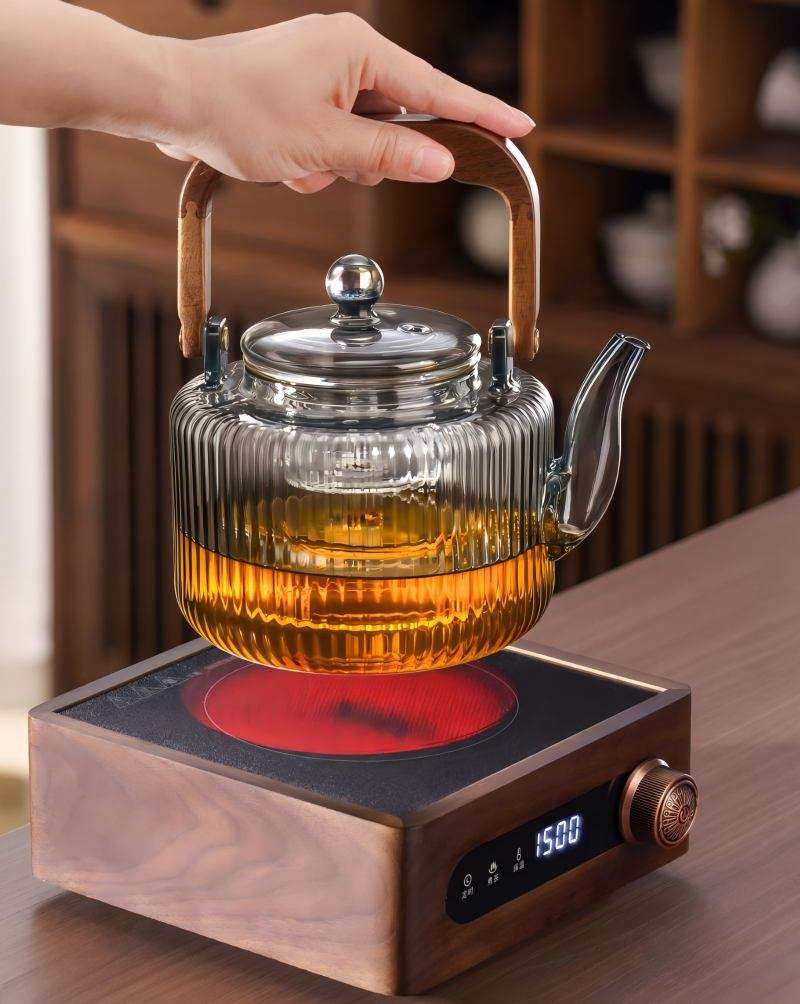 High Borosilicate Glass Teapot with Wooden Heatproof Handle, Glass&Stainless Steel Inner Infuser, Open Flame Compatible (3)