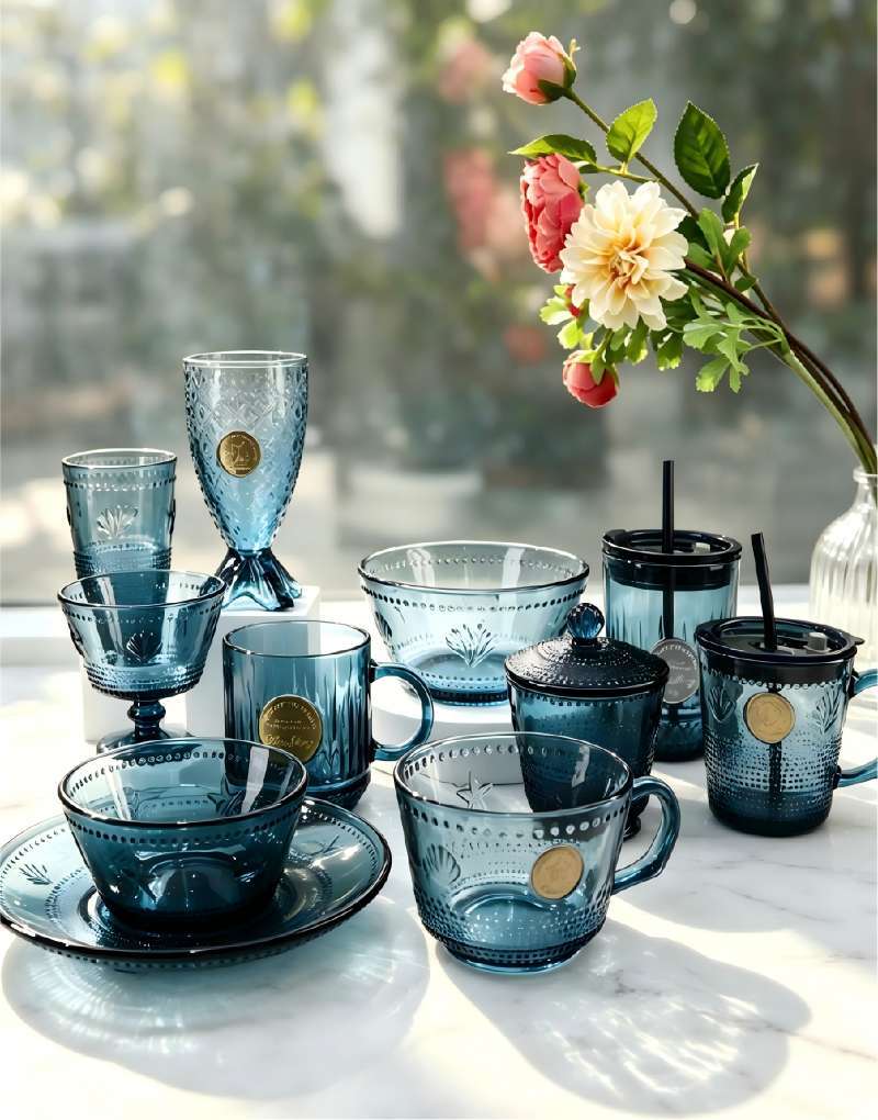 Deep Navy Tinted Ocean-Style Glass Tableware, Custom Logo Available (1)