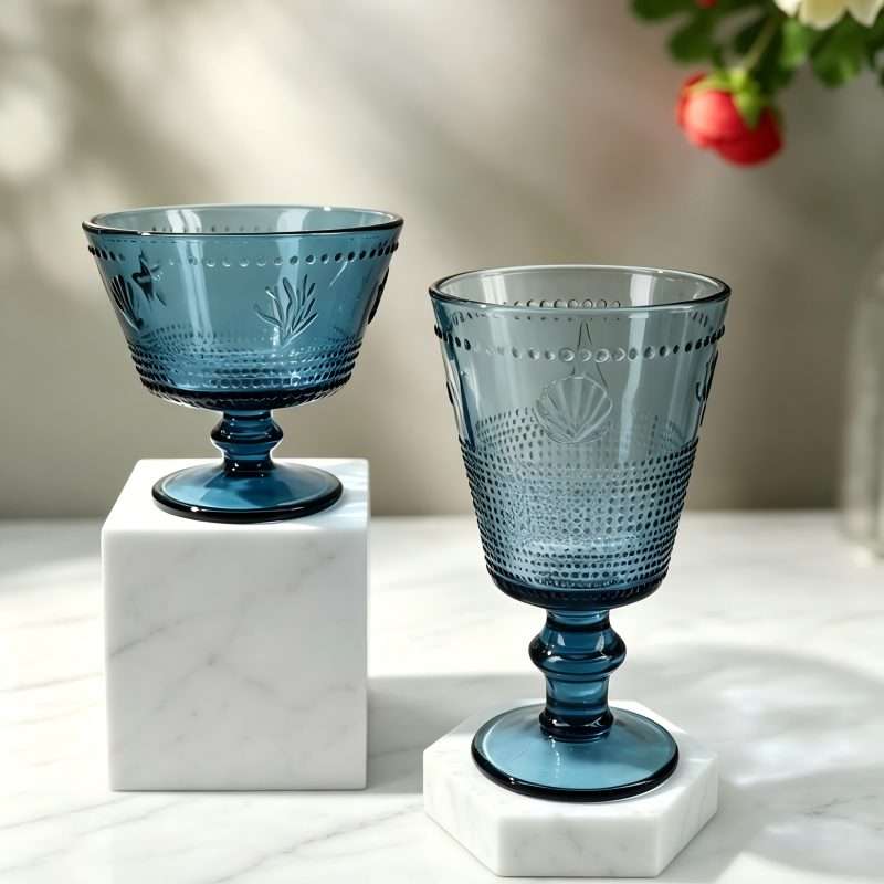 Deep Navy Tinted Ocean-Style Glass Tableware, Custom Logo Available (2)