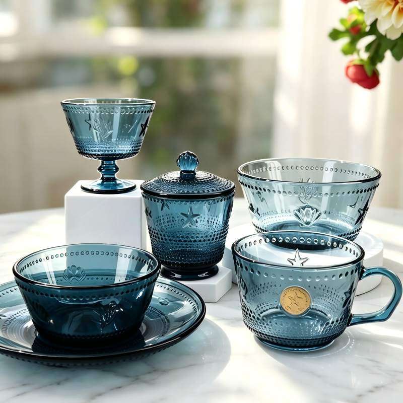 Deep Navy Tinted Ocean-Style Glass Tableware, Custom Logo Available (3)