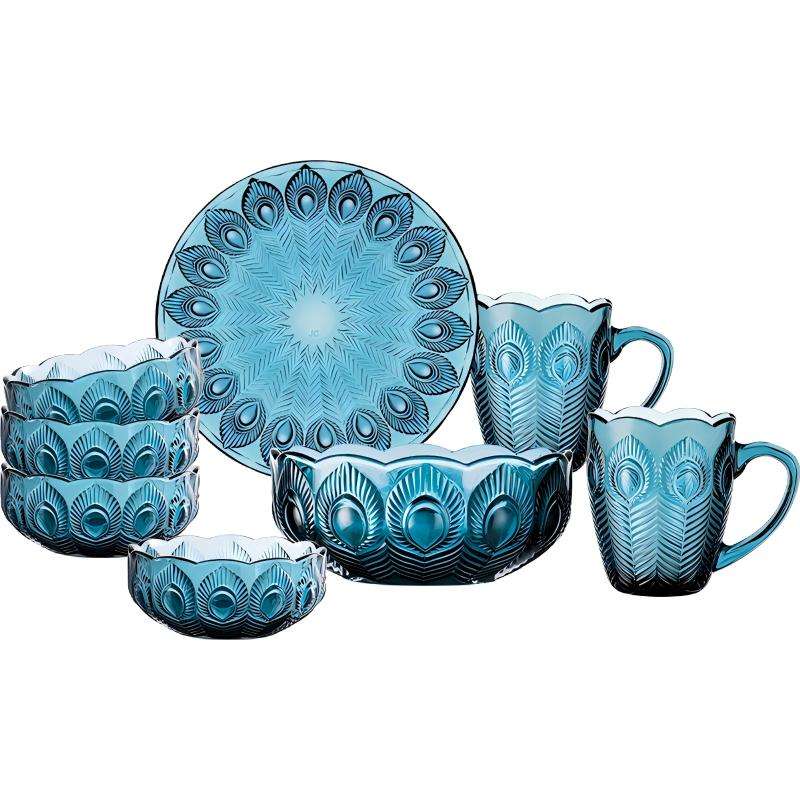 Exquisite Solid Dark Blue Glass Tableware Set with Embossed Peacock tail Motifs (1)