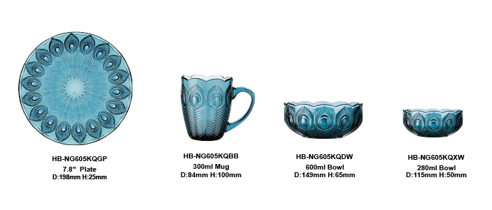 Exquisite Solid Dark Blue Glass Tableware Set with Embossed Peacock tail Motifs (1)