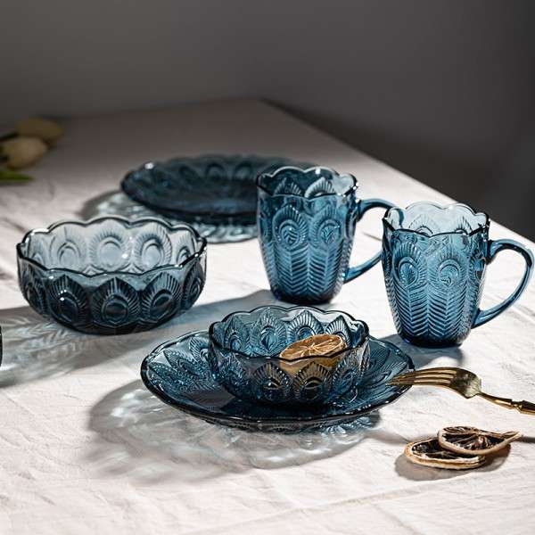 Exquisite Solid Dark Blue Glass Tableware Set with Embossed Peacock tail Motifs (2)