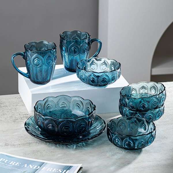 Exquisite Solid Dark Blue Glass Tableware Set with Embossed Peacock tail Motifs (3)