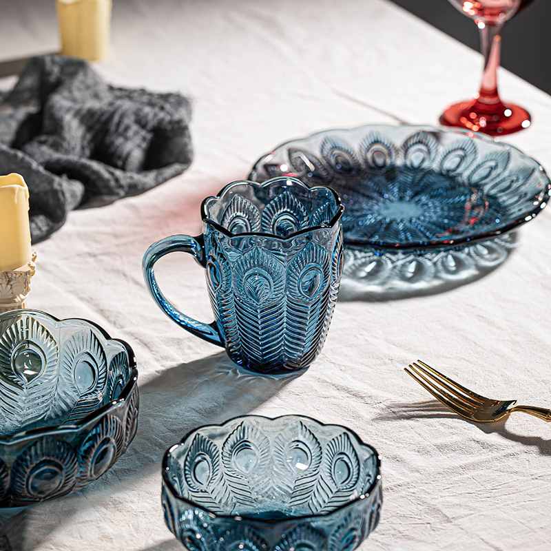 Exquisite Solid Dark Blue Glass Tableware Set with Embossed Peacock tail Motifs (4)