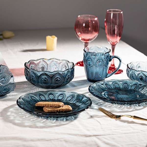 Exquisite Solid Dark Blue Glass Tableware Set with Embossed Peacock tail Motifs (5)