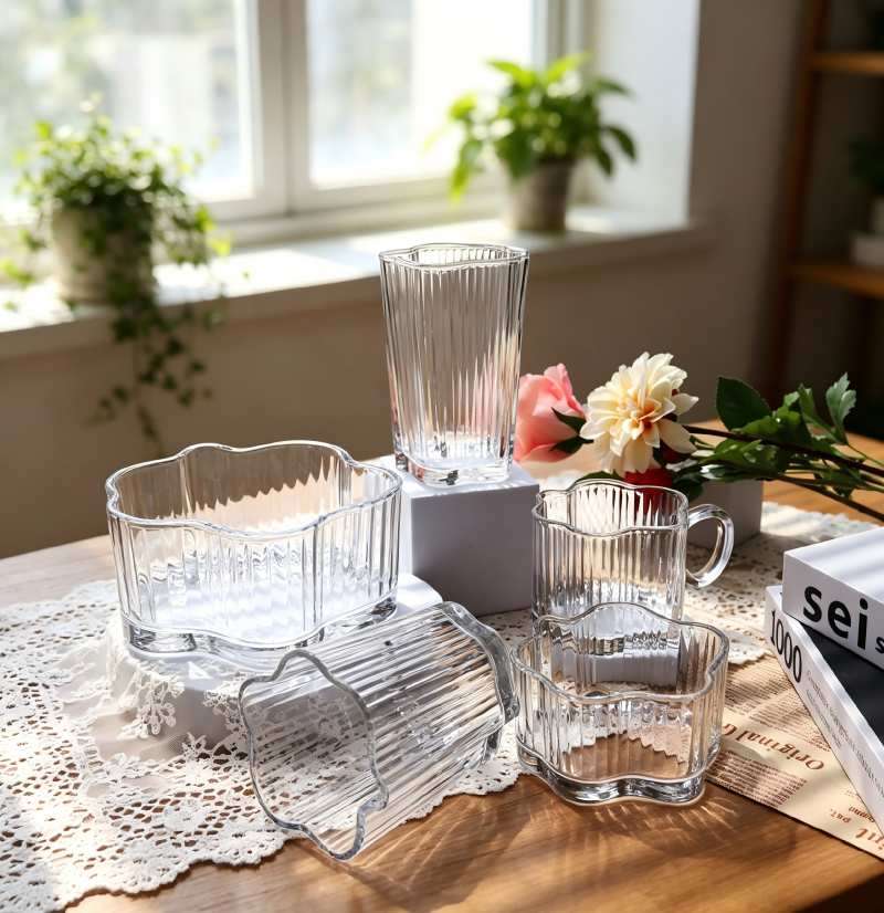 Premium Soda-Lime Glass Series in Lovely Floral Shape with Vertical Ribbed Texture (2)