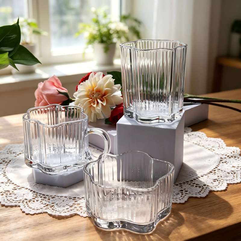 Premium Soda-Lime Glass Series in Lovely Floral Shape with Vertical Ribbed Texture (3)