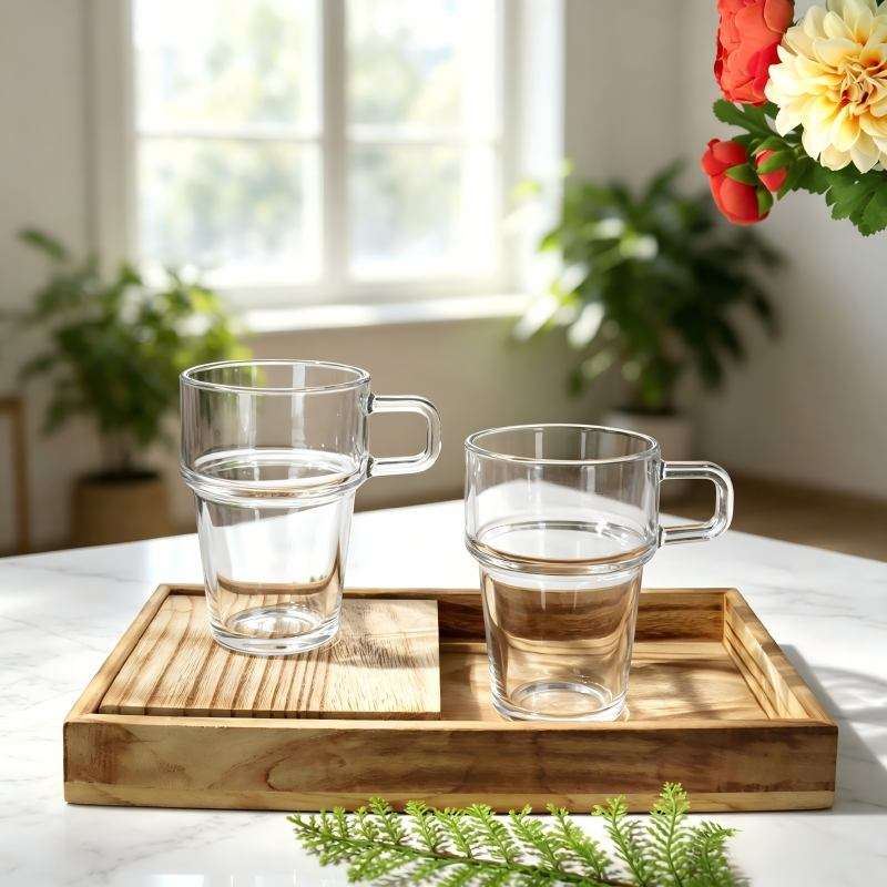 Premium Soda-Lime Glass Stackable Cups, Available in Two Styles Clear Smooth & Vertical Striped (2)