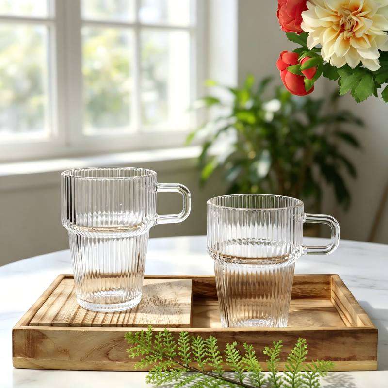 Premium Soda-Lime Glass Stackable Cups, Available in Two Styles Clear Smooth & Vertical Striped (3)