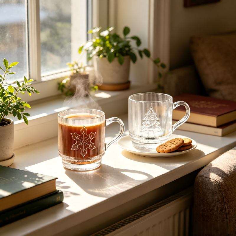Stackable Vertical Ribbed Handle Cups with Snowflake & Christmas Tree Embossments, Ideal for Xmas (6)