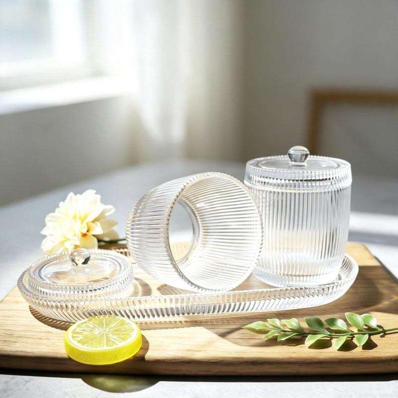 4-Piece Candy Jar & Plate Set, Ultra-White Glass with Vertical Striped Texture (4)