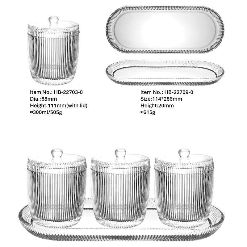 4-Piece Candy Jar & Plate Set, Ultra-White Glass with Vertical Striped Texture (5)
