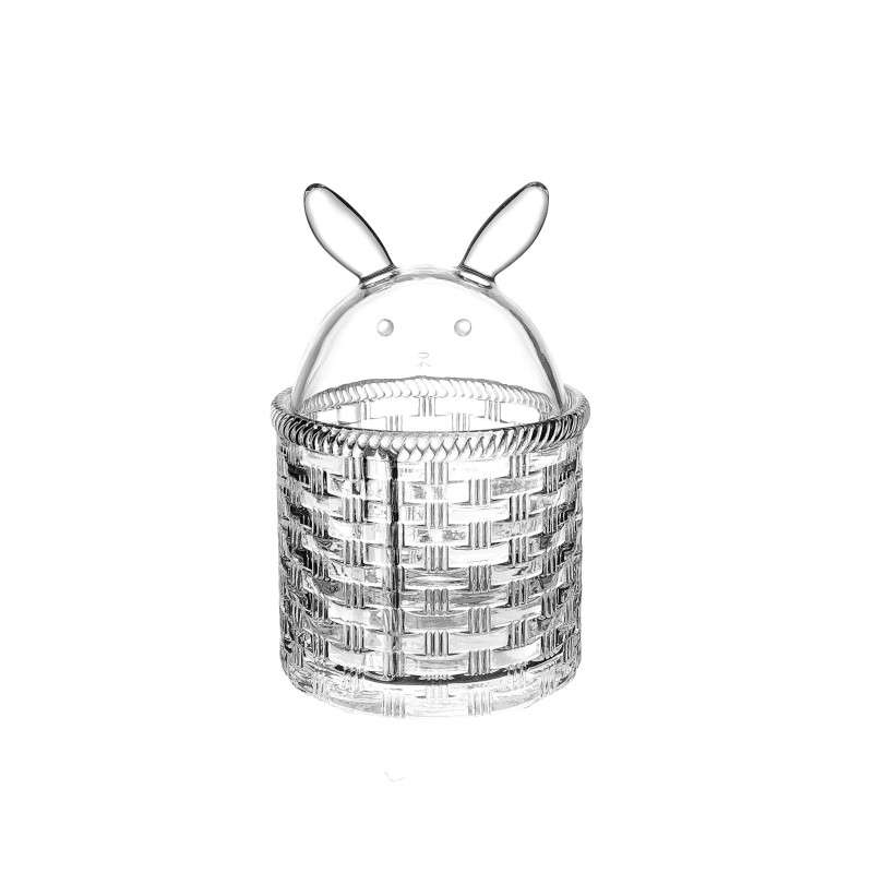 Candy jars with bunny-shaped lids crafted from ultra-white glass