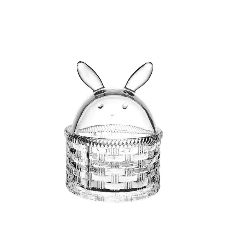 Candy jars with bunny-shaped lids crafted from ultra-white glass