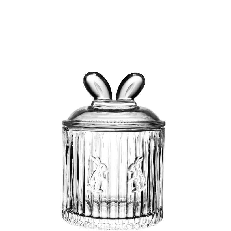 Candy jars with bunny-shaped lids crafted from ultra-white glass