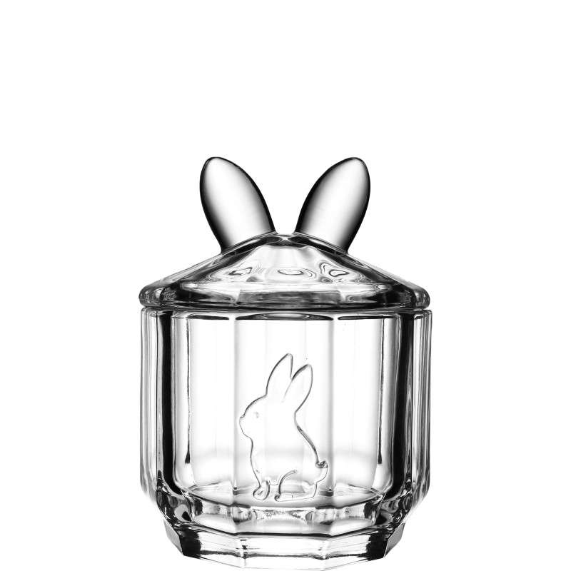 Candy jars with bunny-shaped lids crafted from ultra-white glass