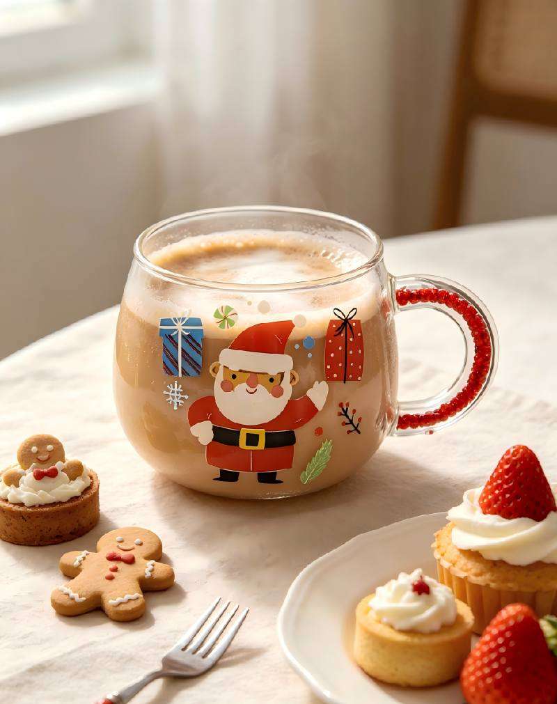 Heat Resistant High Borosilicate Glass Cups with Handles Filled with Colorful Rhinestone Chips & Exquisite Christmas Decals (1)