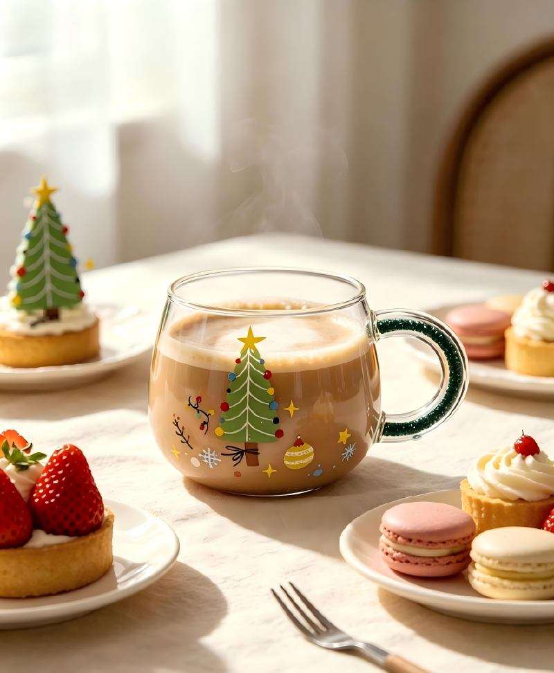 Heat Resistant High Borosilicate Glass Cups with Handles Filled with Colorful Rhinestone Chips & Exquisite Christmas Decals (2)