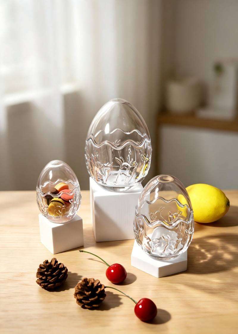 Super White Soda-Lime Glass Easter Egg Candy Jars with Rabbit Relief Patterns (1)