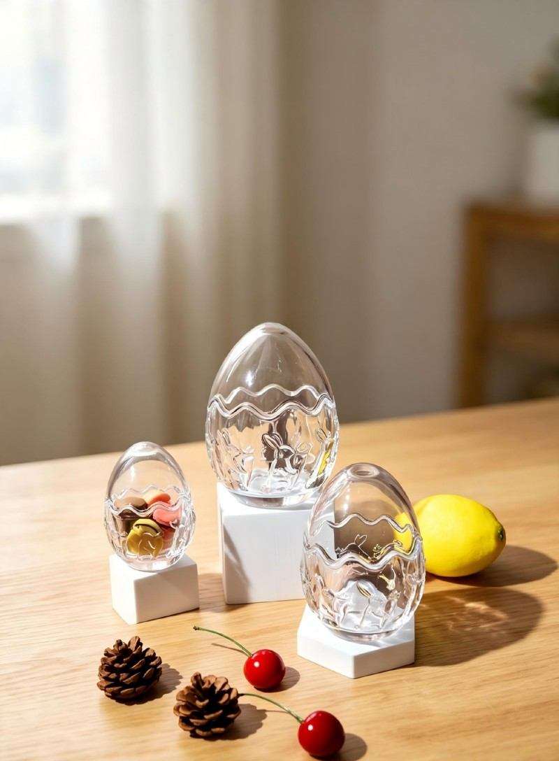 Super White Soda-Lime Glass Easter Egg Candy Jars with Rabbit Relief Patterns (2)
