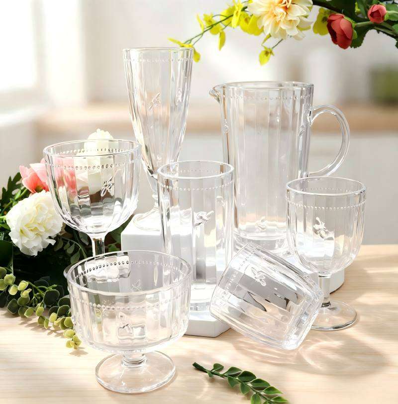 Ultra-Clear White Glass Collection with Bee Motifs, Elegant Table Decor (2)