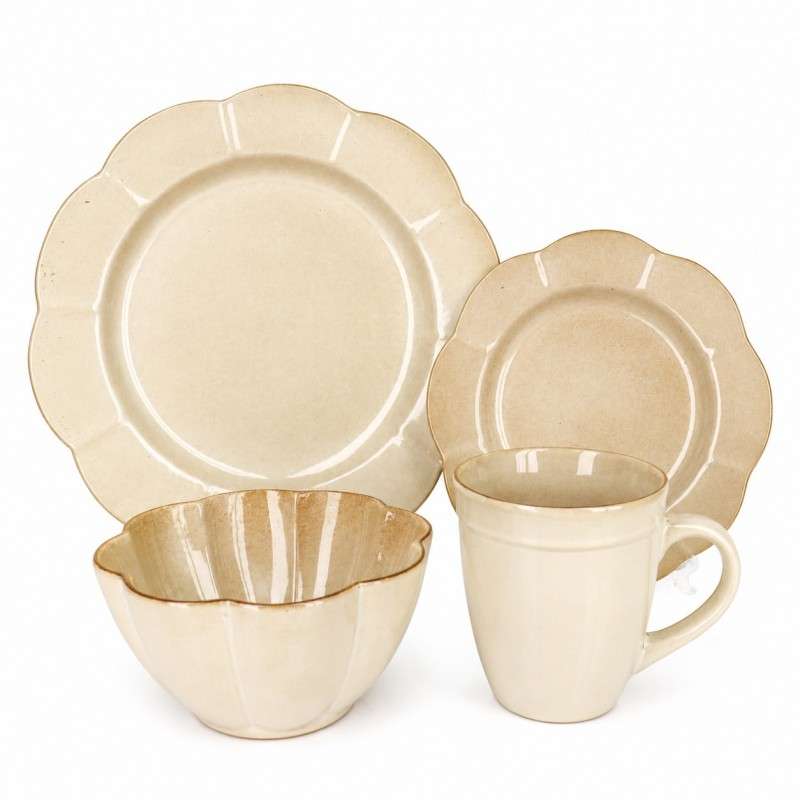 Beige Glazed Stoneware Set with Scalloped Petal Rim (3)