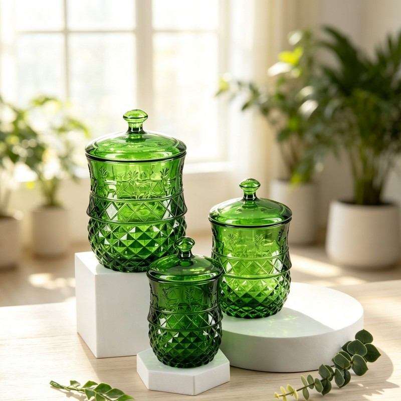 Dark Green Sprayed Glass Sugar Jar, Embossed Reindeer & Diamond Pattern, Christmas Style Storage Canister, 3 Sizes Available (1)