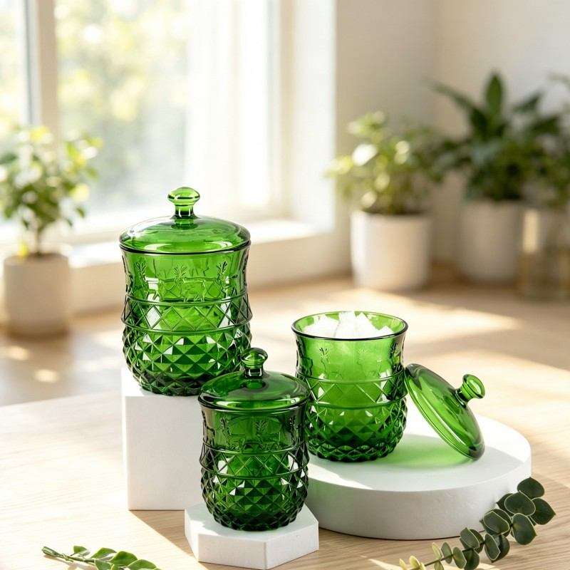 Dark Green Sprayed Glass Sugar Jar, Embossed Reindeer & Diamond Pattern, Christmas Style Storage Canister, 3 Sizes Available (2)