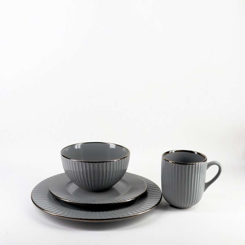 Grey Vertical‑Ribbed Glazed Stoneware Set with Coffee‑Gold Rim (7)