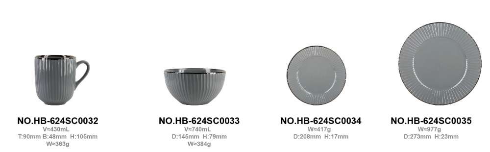 Grey Vertical‑Ribbed Glazed Stoneware Set with Coffee‑Gold Rim (8)