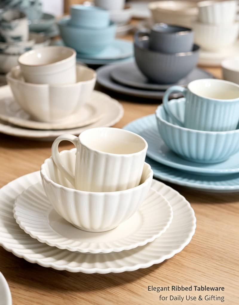 Ivory‑White Glazed Stoneware Set with Ruffled Textures (1)