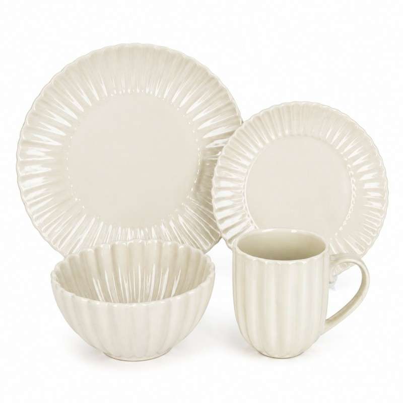 Ivory‑White Glazed Stoneware Set with Ruffled Textures (8)