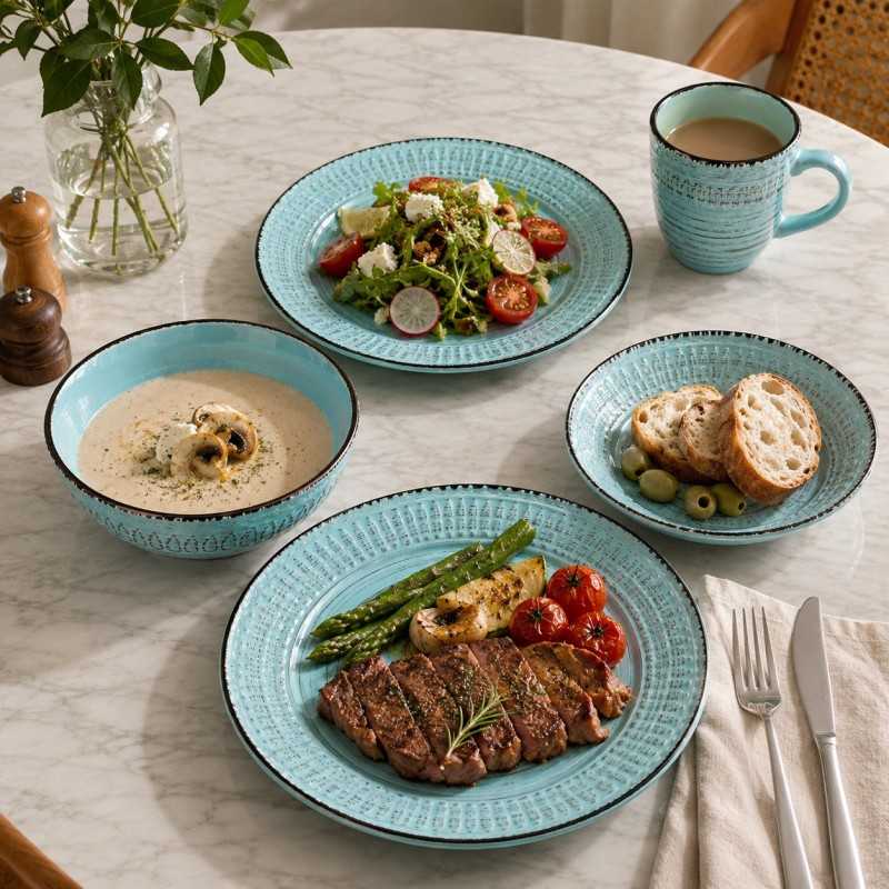 Light Lake‑Blue Glazed Stoneware Set, Rustic Country Style (1)