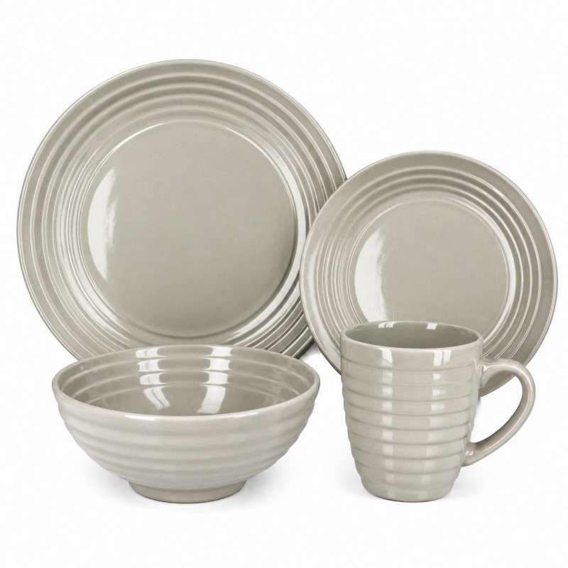 Light‑Grey Glazed Stoneware Set with Concentric Ring Textures (5)