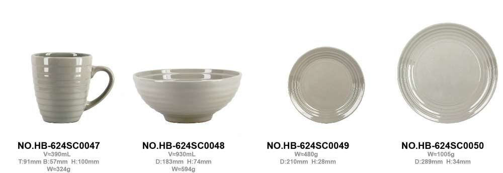 Light‑Grey Glazed Stoneware Set with Concentric Ring Textures (6)