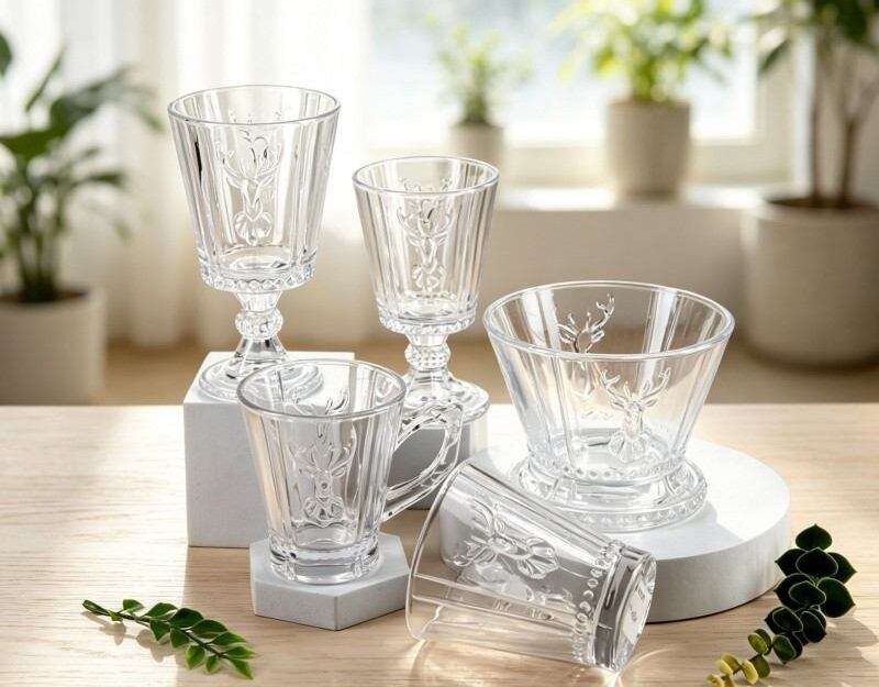 Super White Glass Tableware Collection with Embossed Reindeer Head Decorations (4)