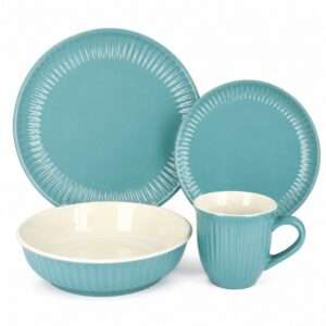 Tiffany‑Blue Glazed Stoneware Set with Vertical Ribbed Texture (6)